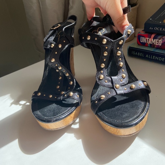 Black Jessica Simpson Wedges with Gold Studs - Picture 4 of 10